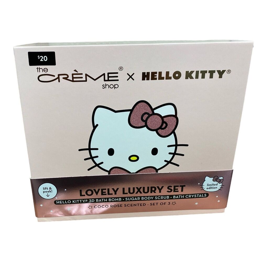 Hello Kitty Creme Shop Set Cherry Blossom Sugar Scrub Crystals Bath Bomb NEW